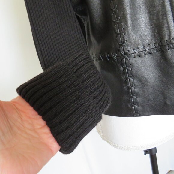 New Black Leather Ribbed Wool Cropped Zipper Hood Women’s Fashion Jacket size L - Picture 3 of 10